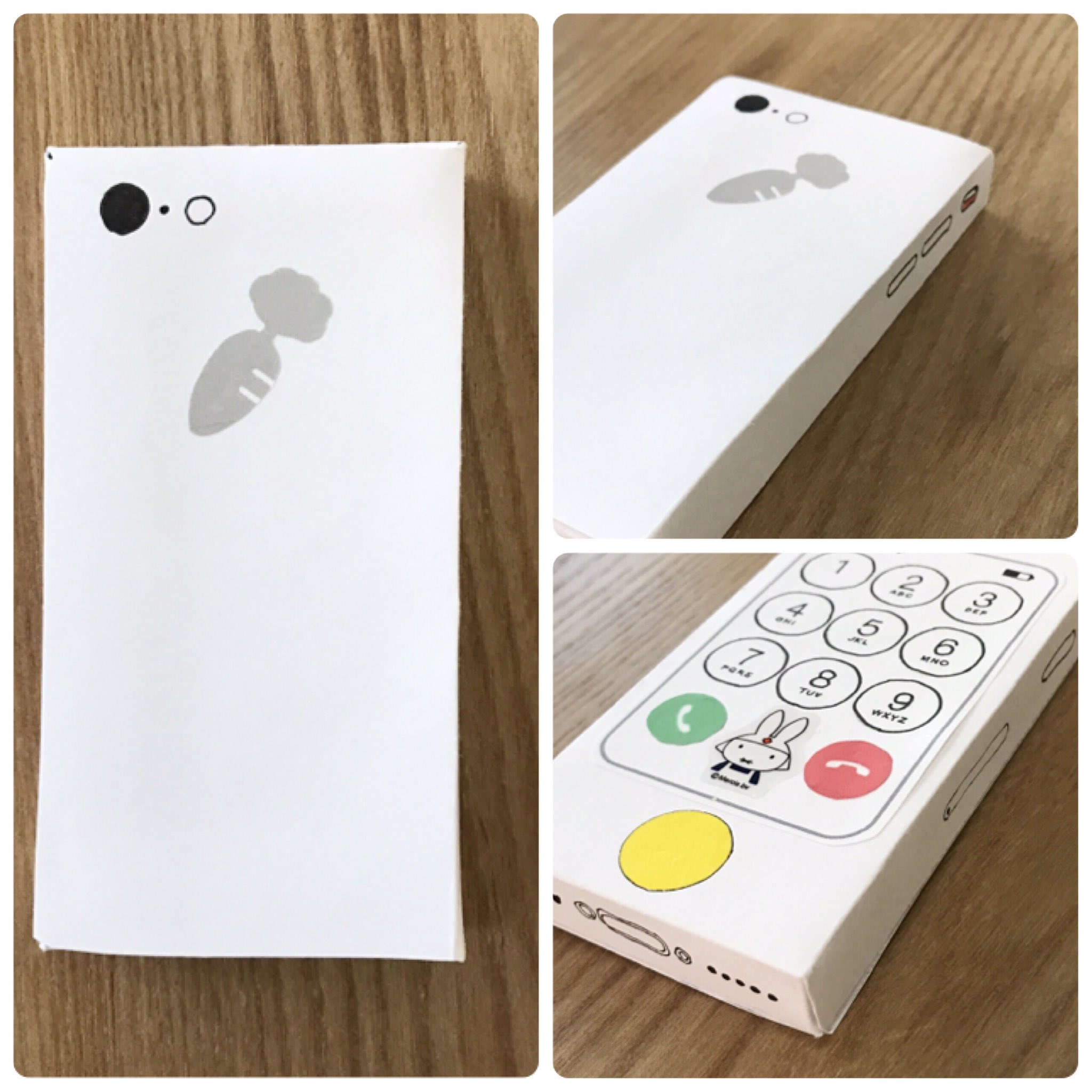 えりんぎ坊や En Twitter 娘 1歳9ヶ月 用のスマホのおもちゃ を作りました 空箱をスマホサイズにカットして白画用紙で覆いデザインを施したもの 救急ミッフィーは緊急用電話ボタン 裏はアップルならぬキャロット 自分用の スマホが