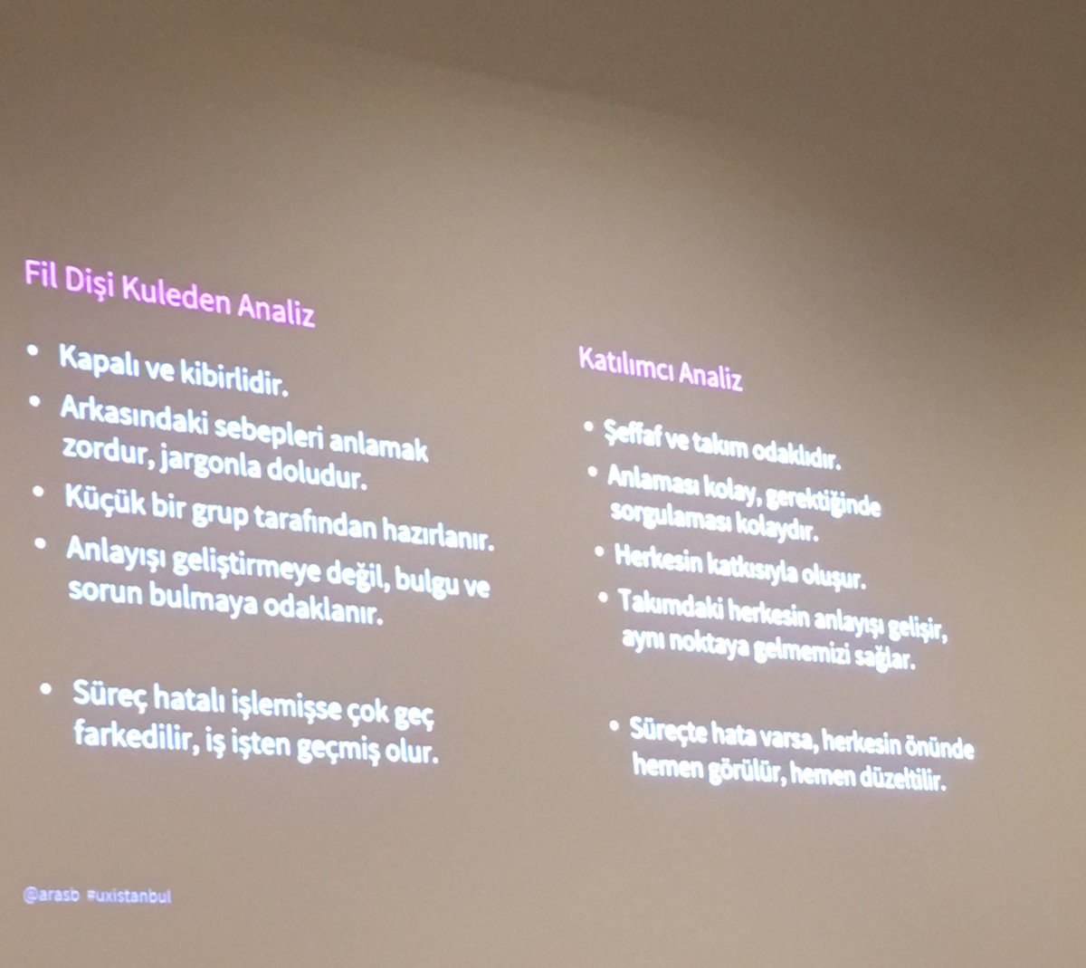 "Fil dişi kuleden analiz gelir, katılımcı analiz yapılır." <a href="/Arasb/">Aras Bilgen</a> #UXistanbul