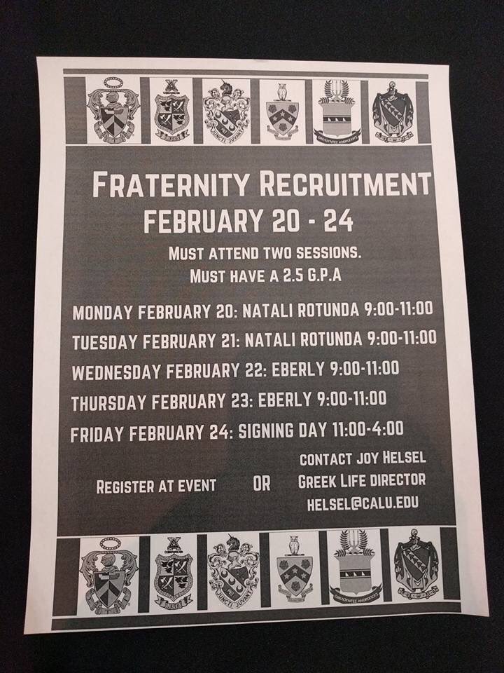 Formal Recruitment night one: Complete. Stop by the Rotunda tonight @ 9 to meet all of the fraternities at CalU! #GoGreek