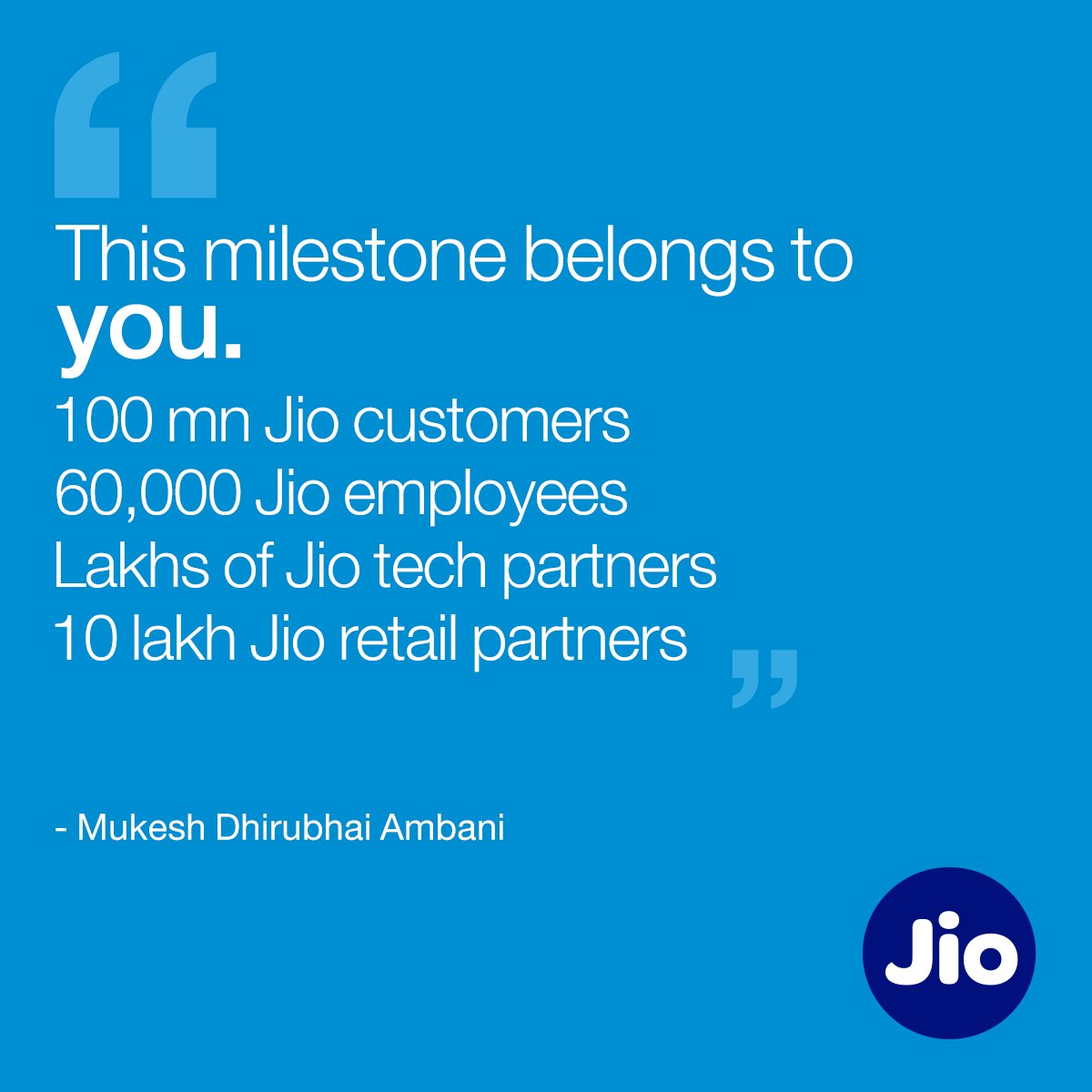 reliancejio's tweet photo. It's been 170 days since we began the digital revolution, and together, we've achieved #100millionOnJio. https://t.co/6EyuSPaEvu