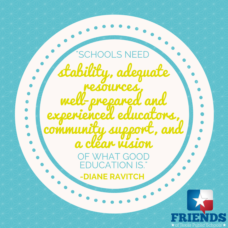 FRIENDStxps's tweet photo. #TxEdTuesday: "Schools need stability, adequate resources, well prepared/experienced educators, comm support &amp; clear vision" - @DianeRavitch https://t.co/ofHzWoBBEG
