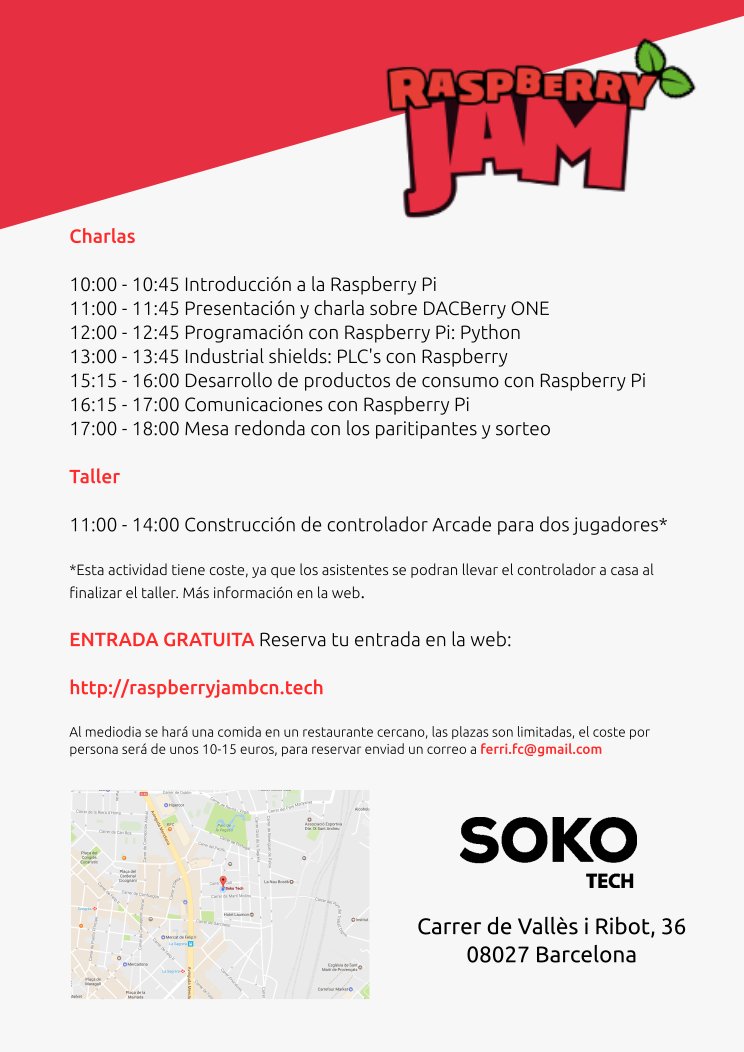 Cartel de actividades definitivo de la Raspberry Jam! <a href="/ulysess10/">Jose Cerrejon</a> <a href="/Peatonnet/">Un peatón en la red</a> <a href="/JordiBinefa/">Jordi Binefa</a> <a href="/somkers_cat/">somKers</a> <a href="/Tangencial_/">Tangencial</a> <a href="/sokotech/">sokotech</a> <a href="/OSAElectronics/">OSAElectronics</a>