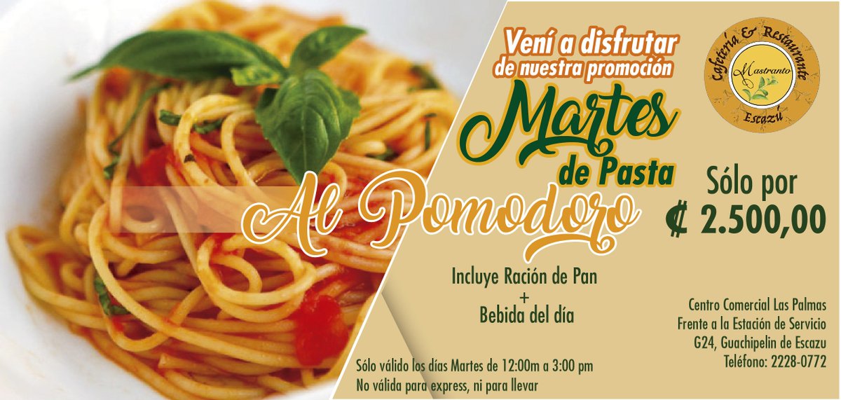 mastranto_cafe's tweet photo. Hoy es #martesdepastas en @mastranto_cafe , las mejores pastas, el mejor precio, dejate chinear por #mastrantocafecr #buencomer #comesano https://t.co/oo6OKPmS4W
