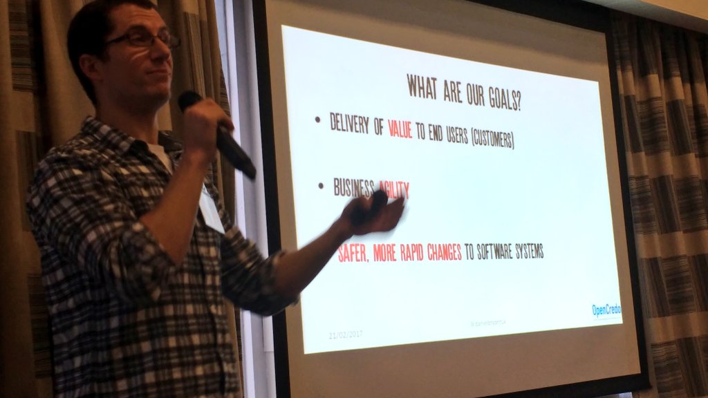 matthewpskelton's tweet photo. .@danielbryantuk "Safer, more rapid changes" and "business agility" as goals +1 #devopsnorth #unicomdevops https://t.co/UXUA0eHOni