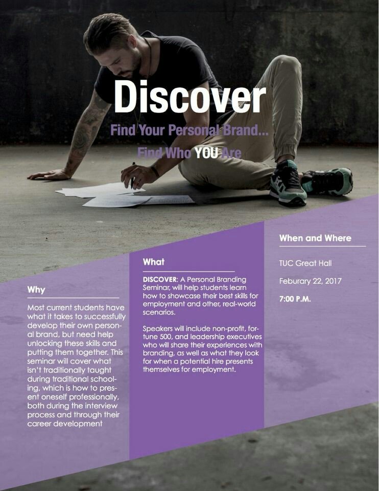 Come out to 'Discover: A Personal Branding Seminar' tomorrow at 7 pm in TUC Great Hall! We'll be having speakers, discussions, and FUN!!!