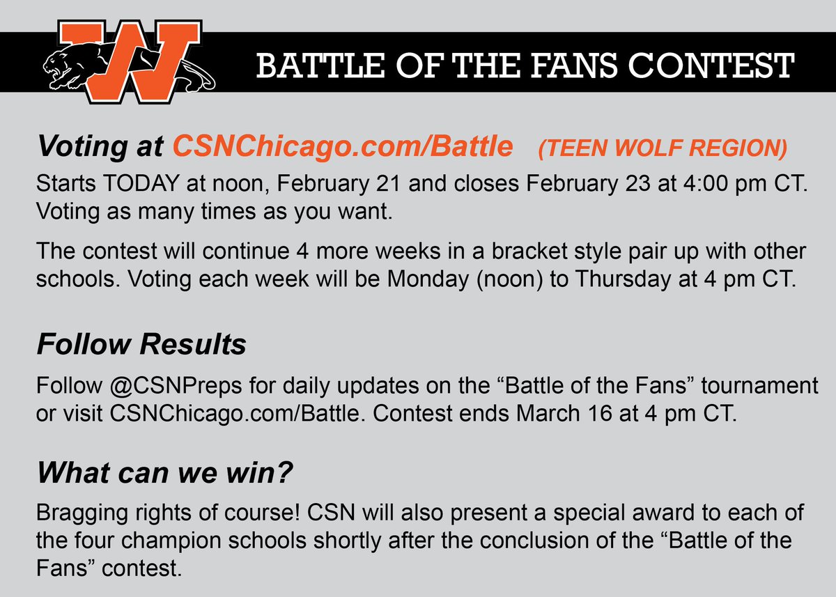 wchs308panthers's tweet image. We are in a "Battle of the Fans." 
Voting starts TODAY noon. 
csnchicago.com/battle  (Teen Wolf Region)
#wchspantherpride #BattleOfTheFans