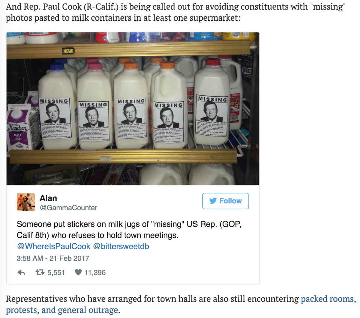 Roxann_Minerals's tweet photo. Someone put stickers on milk jugs of "missing" US @RepPaulCook (GOP, Calif 8th) who refuses to hold town meetings. #TownHall @HouseGOP https://t.co/8bcMaAVJo0