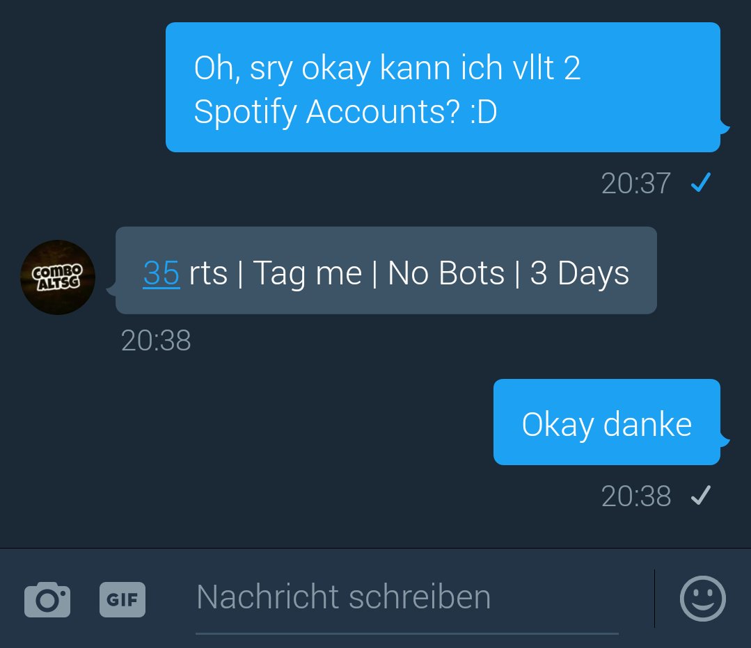 Joes72006120's tweet photo. 35 RTs für 2 Spotify acc von @ComboAltsG
Ich folge jedem der Retweetet und jeder kriegt einen Alt!
@AltShopDE @Mewtuuuu @Acc4Cash @GnomGaw https://t.co/1RDVZiMWSP