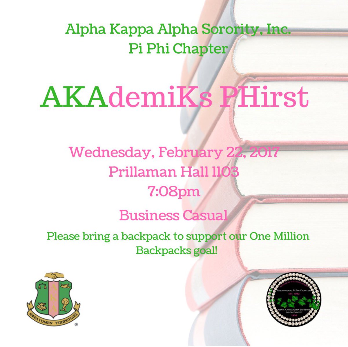 piphi1908's tweet photo. Kome study with Pi Phi tomorrow at 7:08 PM. Bring a backpack to donate to our One Million Backpacks Service Project. See you soon! 💕💚 https://t.co/NorA2HsbGu