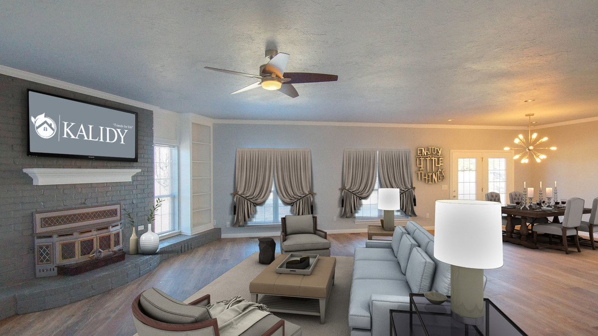 kalidyhomes's tweet image. How beautiful is this living/dining room? The grey and gold really bring out the brick fireplace! How would you decorate this room? #decor