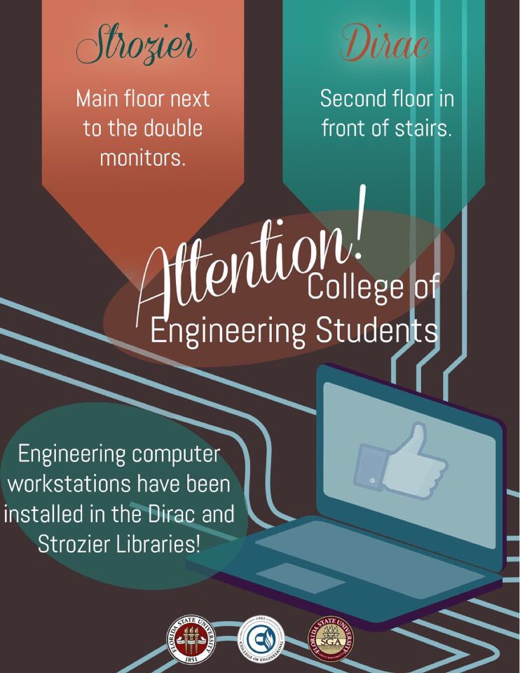 FSUSGA's tweet photo. Engineering work stations have been installed in both the Dirac and Strozier Libraries!📚💻 https://t.co/6L55hWs2Vr