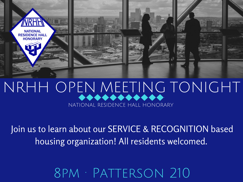 EWUNRHH's tweet photo. NRHH Open Meeting Tonight!  //  8pm · Patterson 210  //  Spread the word — all residents welcomed :)

#club · #service · #recognition https://t.co/5VWywOt1SF