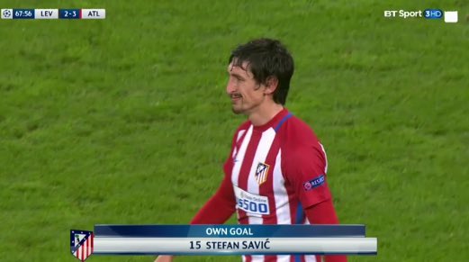 Bayer04ENFans's tweet photo. GOAL! @bayer04fussball 2-3 @atletienglish - #StefanSavic [OG]. #B04Atleti #UCL https://t.co/fwVHVV39ta