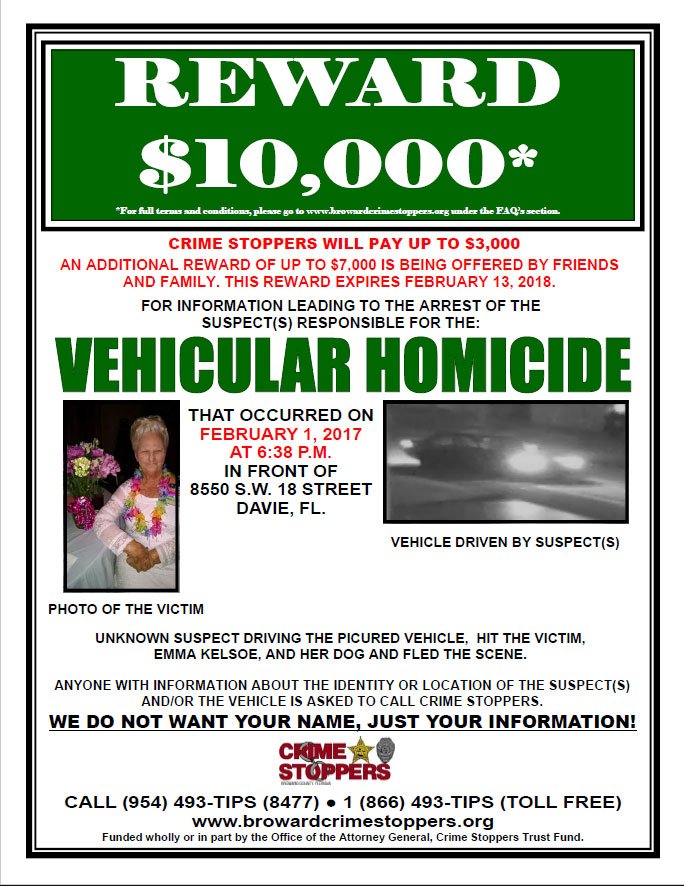 DaviePolice's tweet photo. Want to make a quick $10K? Call @crimestoppers2 if you have any info about this traffic homicide #Hit&amp;Run from 02/01/17. #DaviePolice #Davie https://t.co/S52UAjwMH6