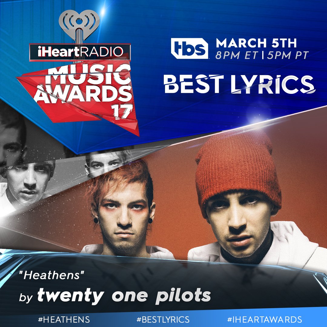 iHeartRadio's tweet photo. Please don't make any sudden moves. Instead, vote for TØP to win #BestLyrics for #Heathens are our #iHeartAwards. RT to vote! https://t.co/6VoIJcSd9d