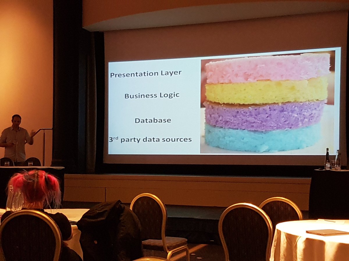 HLR81's tweet photo. @DuncNisbet integrates cake into his Testing at scale presentation at #TestingNorth . Genius! https://t.co/wxqJ7TKHBj