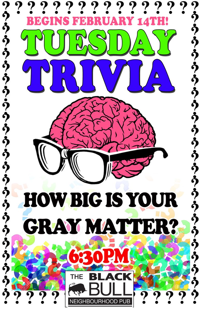<a href="/cob_life/">C.O.B. Life</a> Tuesday trivia starts tonight. We are still looking for teams <a href="/TheBlackBull3/">The Black Bull Neighborhood Pub</a>.We have <a href="/DrvrstBurlingON/">DriverseatBurlington</a>  to take you home.