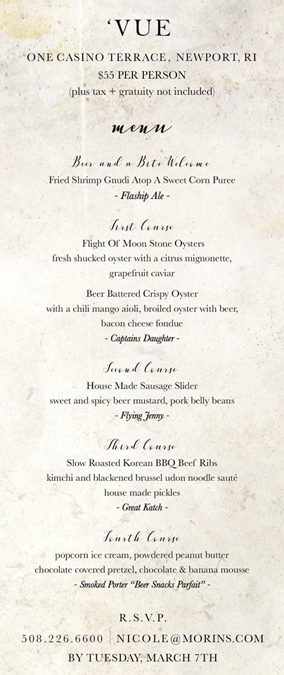 We have teamed up with <a href="/morinscatering/">Russell Morin</a> for a #BeerDinner at <a href="/VueNewport/">Vue Newport</a> 3/10/17-6:30pm email Nicole@Morins.com for reservations!
