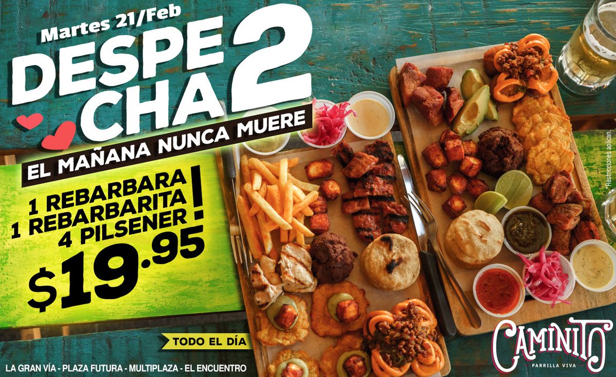 CAMINITOCHOCOS's tweet photo. ¡Venite al Martes de los #Despecha2! 1 rebárbara + 1 rebarbarita + 4 Pilsener= $19.95. #ElMañanaNuncaMuere #Caminito https://t.co/I3DmehpmYe