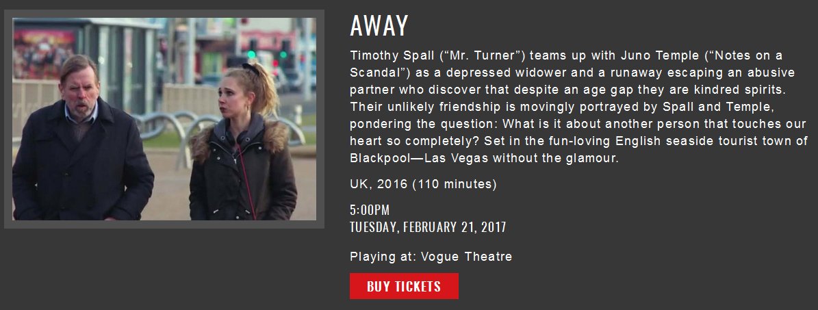 This evening's film 'AWAY' <a href="/VogueTheaterSF/">Vogue Theater</a> starring Timothy Spall &amp; Juno Temple in Brit seaside town Blackpool. Tix bit.ly/2lIxlCy