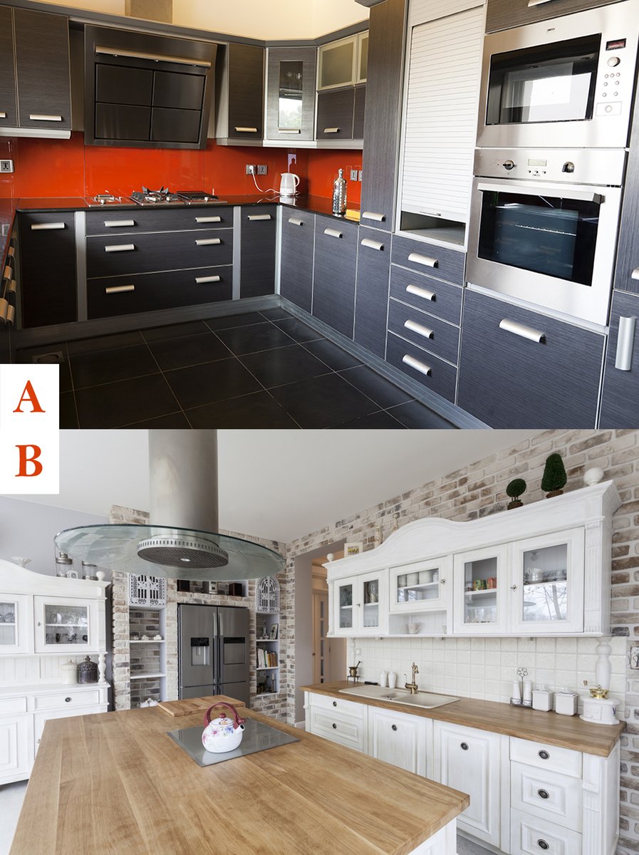 TheCoxTeam's tweet photo. Which of these kitchens do you prefer? Dark and sleek or classic with the exposed brick? https://t.co/MZXFWDCbdO