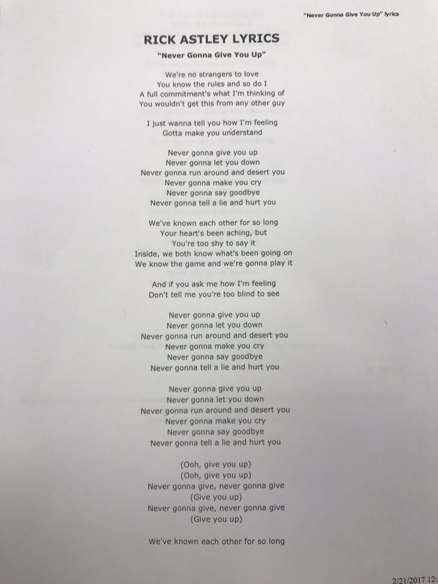 Mrs Huntington On Twitter Print Lyrics To A Song I Said Rickroll Https T Co Snaw7zl1i2 Twitter