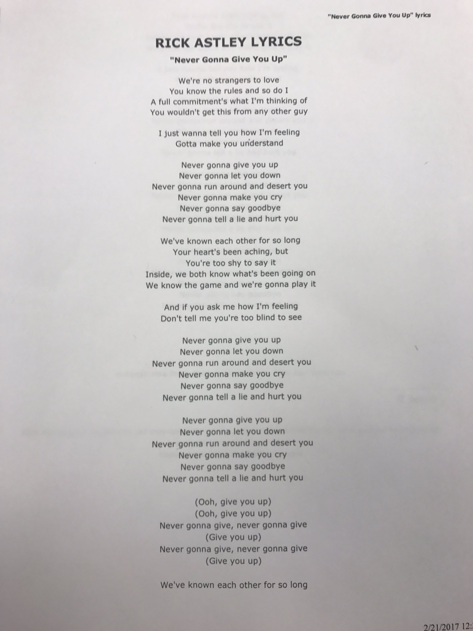 X 上的Mrs. Huntington：「Print lyrics to a song, I said. #rickroll   / X