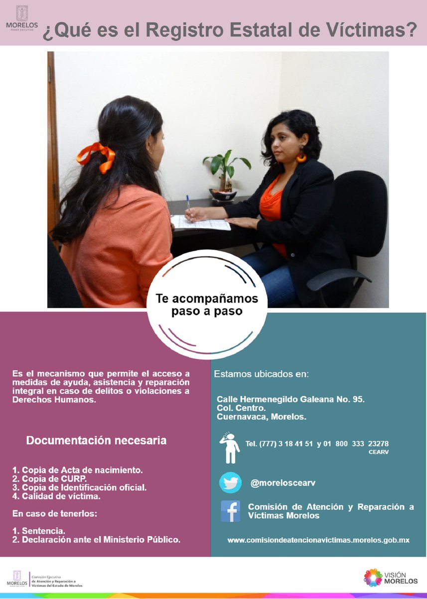 moreloscearv's tweet photo. El Registro Estatal de Víctimas le permite a las víctimas el acceso a medidas de ayuda, asistencia y reparación integral #Morelos https://t.co/0okjTE54a0