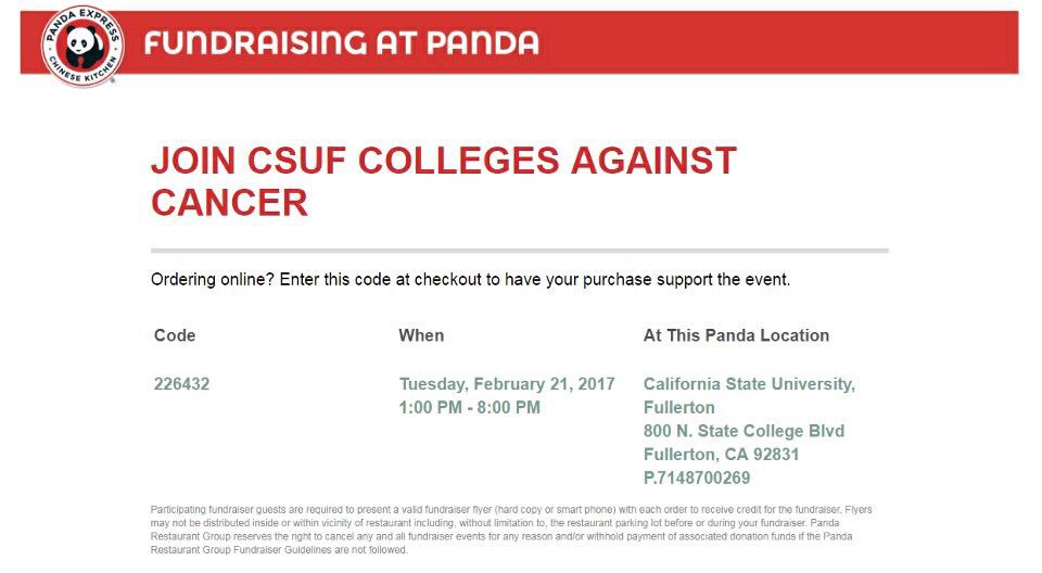 CSUFCAC's tweet image. Feeling hungry, Titans? Visit the Panda Express on campus, show this picture, and have a percentage of your order go to our club! 😎👍🏼