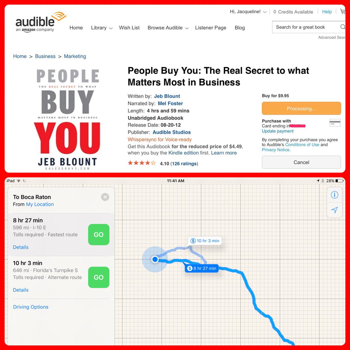 JDRVP's tweet photo. @audible_com credit always gone 15 secs after it hits. bought .@salesgravy so I can learn about people buying me. #roadtrip #readwithJD https://t.co/bq98yRd0rW