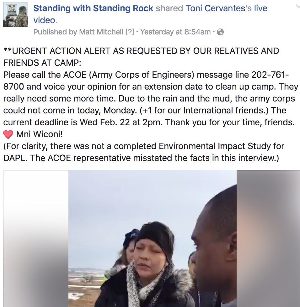 BJ01123's tweet photo. URGENT. Call to support deadline extension (TOMORROW 2/22) to evacuate the camp #StandWithStandingRock
https://t.co/Uqxvk4pJXU @RUforJustice https://t.co/sVciGPC8LH