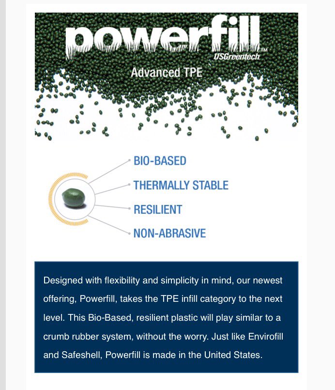 USGKimberly's tweet photo. Check out USGreentech’s newest infill: Powerfill, Advanced TPE. It's bio-based &amp; #USmade #Powerfill #USGreentech https://t.co/xKc9KQwUgf https://t.co/IvUJ1we4yt