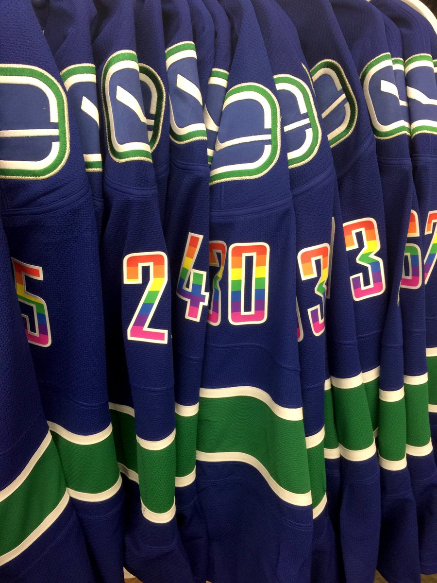 Canucks's tweet photo. #Canucks #YouCanPlay warm-up jerseys are almost ready! 🌈🏒🥅 #HockeyIsForEveryone https://t.co/wfHlxJZGVV