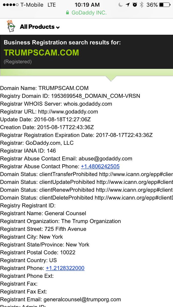 elviador's tweet photo. Apparently #TrumpFraud.org, #TrumpScam.com, #TrumpMustGo.com, https://t.co/LN3kRRFIeq (#duh!), etc. belong to #trumporg. No #WHOISprivacy https://t.co/3WFV3z8oVy
