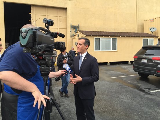 Mayor Eric Garcetti talks about film tax credits at Raleigh Studios in Hollywood.