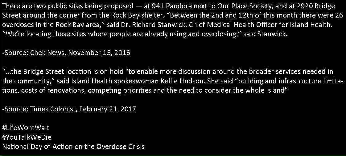 Yes2SCS's tweet image. #LifeWontWait
#YouTalkWeDie
National Day of Action on the #Overdose Crisis
@VanIslandHealth bit.ly/2lJ0pdc
@TerryLakeMLA