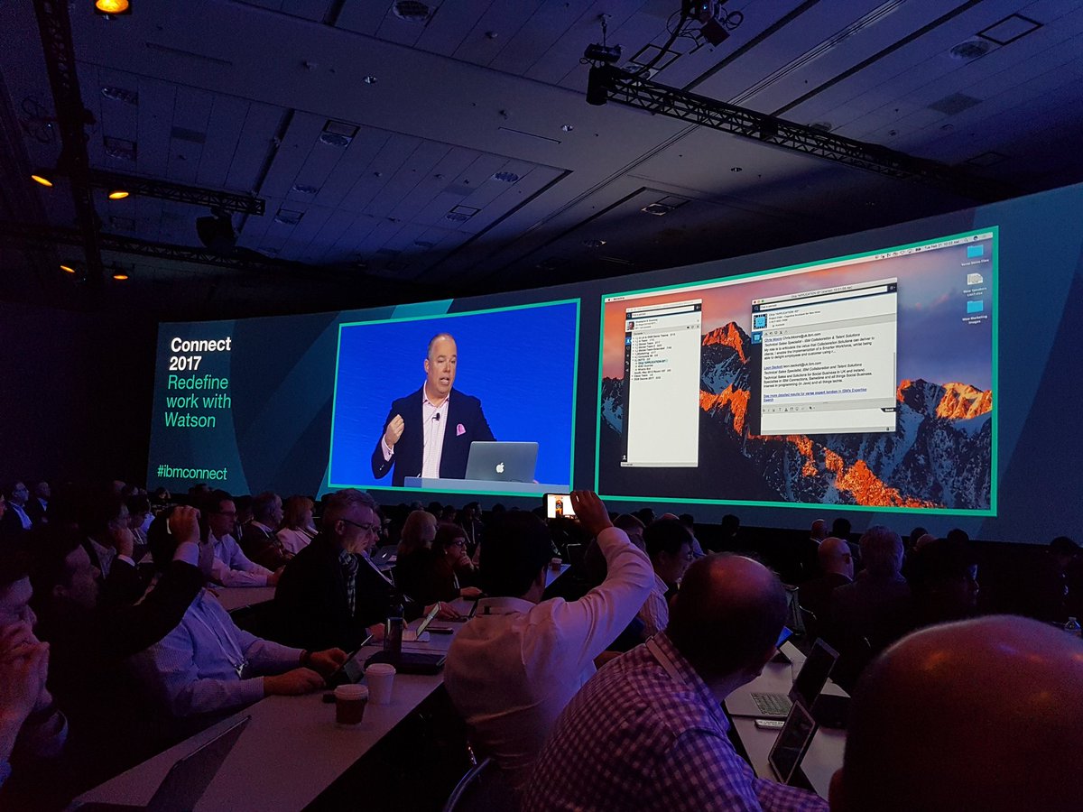 alanlepo's tweet photo. IBM demo guru @ccrummey showing #IBMconnection 's Orient Me, #IBMVerse and @IBMWatson Workspace. #ibmconnect #ls17 #socbiz #cognitive https://t.co/Xs6kDWAnMs