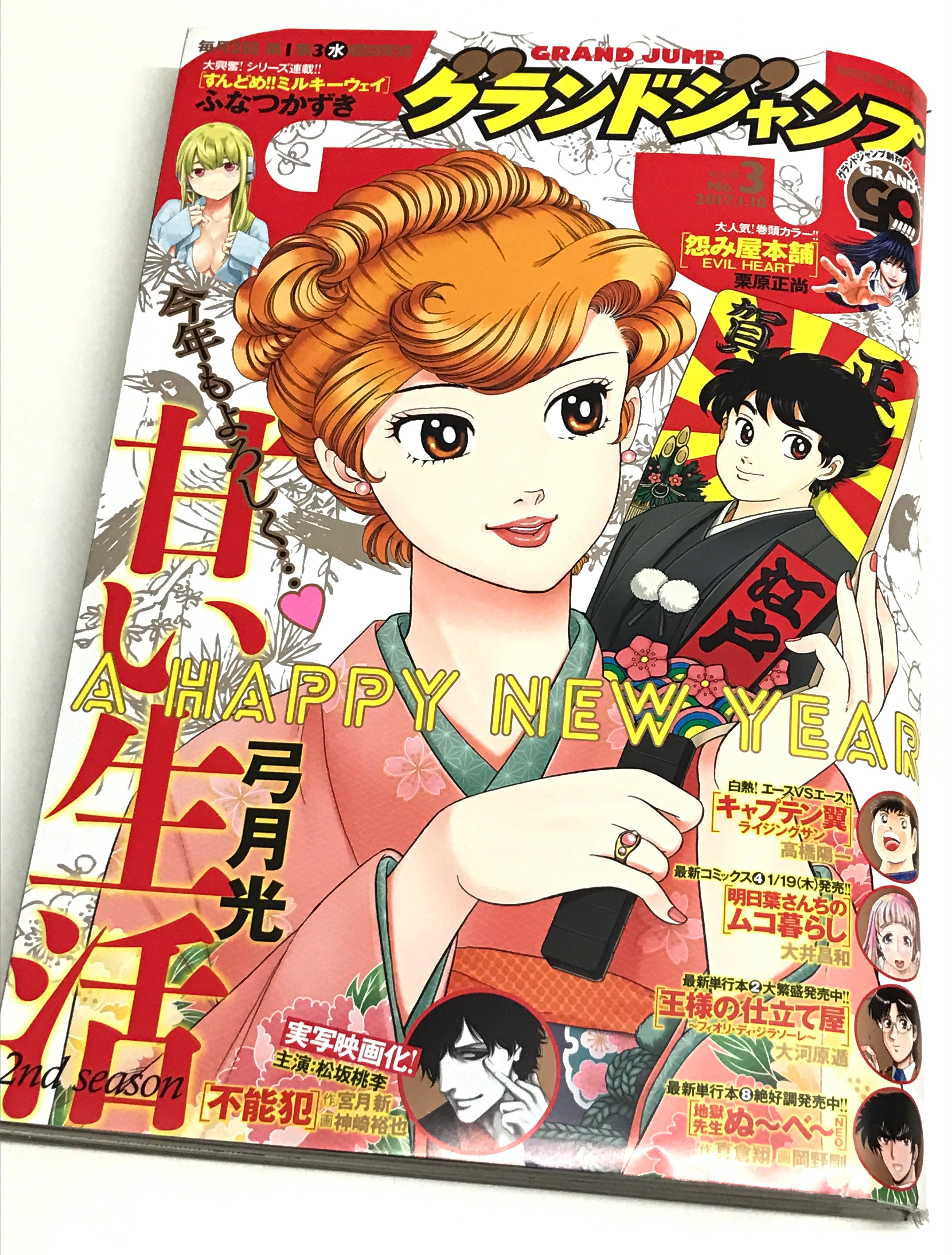 Twitter पर ジェニアロイド グランドジャンプ 17年no 3 表紙デザイン 表紙イラスト 甘い生活 弓月光 17年 最初の発売号ということで 着物に羽子板とお正月感満載のイラストを描いて頂きました 背景には今年の干支である鳥もめでたく金インクで印刷されて