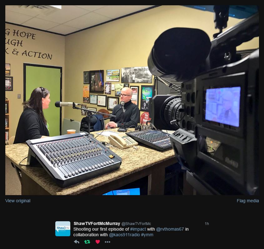 redpollcentre's tweet photo. Super excited to have @ShawTVFortMc on board with IMPACT. They recorded their first show today. @FuseSocialYMM @kaos911radio #ymm https://t.co/xGCIHIirfP