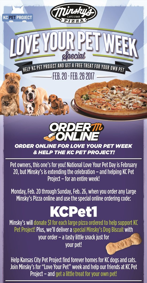 live51main's tweet photo. Support your #pet with @MinskysPizza !  Order any large pizza using the code, and @MinskysPizza will donate $1 to @kcpetproject ! 2.20-2.26 https://t.co/6JN0zYTcgv