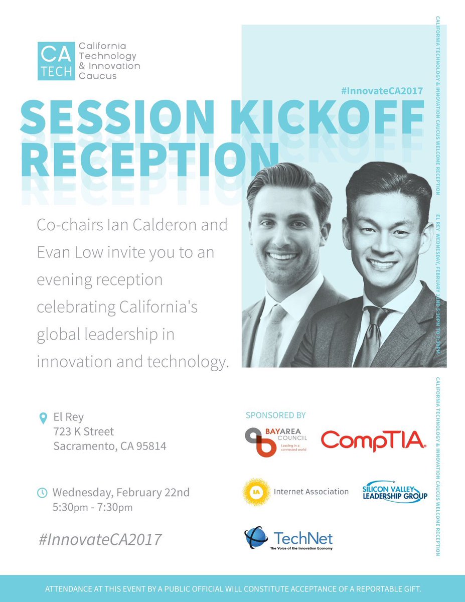 IanAD57's tweet photo. Please join me & @AsmEvanLow for our @CATechCaucus reception on 2/22! #InnovateCA2017 #CATechCaucus #CALeg https://t.co/x1nYJ1KOBX