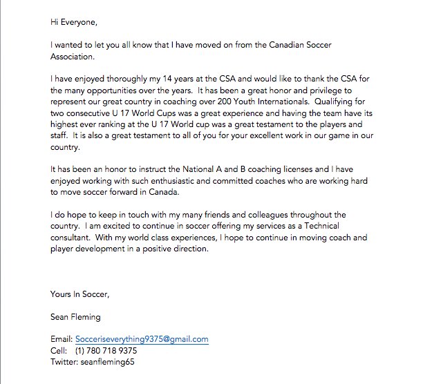 seanfleming65's tweet photo. After 14 great years with the Canadian Soccer Association, I am moving on. Here is my official statement below. https://t.co/5yYfxaC1ng