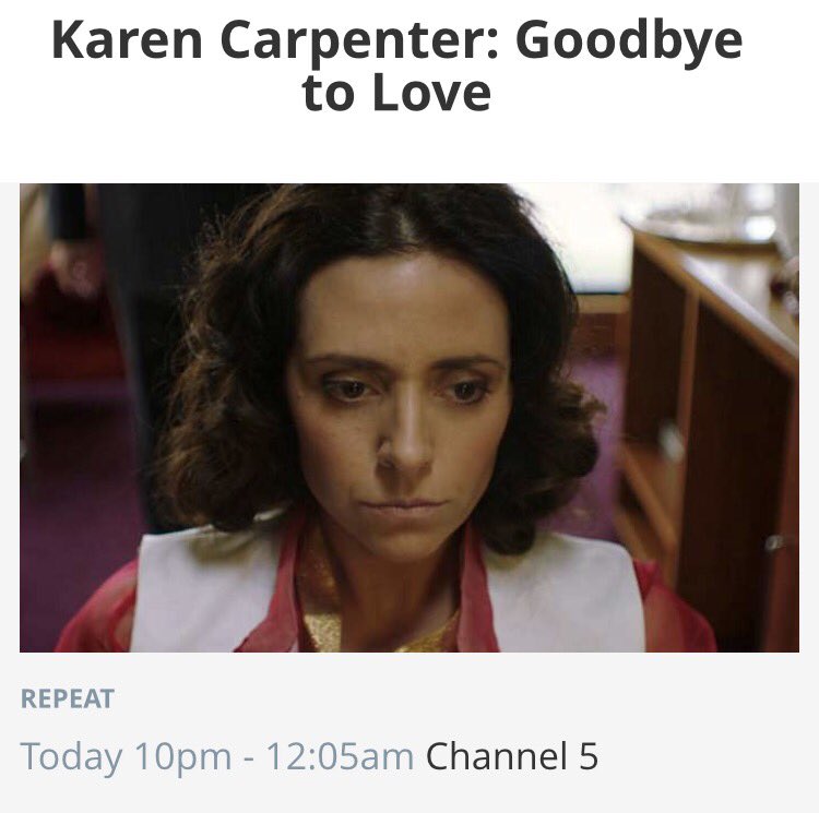 Adelelk's tweet photo. #Karencarpenter Goodbye to Love will be showing again on @channel5_tv tonight at 10pm. Hope you can watch it! ❤️Xx https://t.co/0mnvlkEVBx