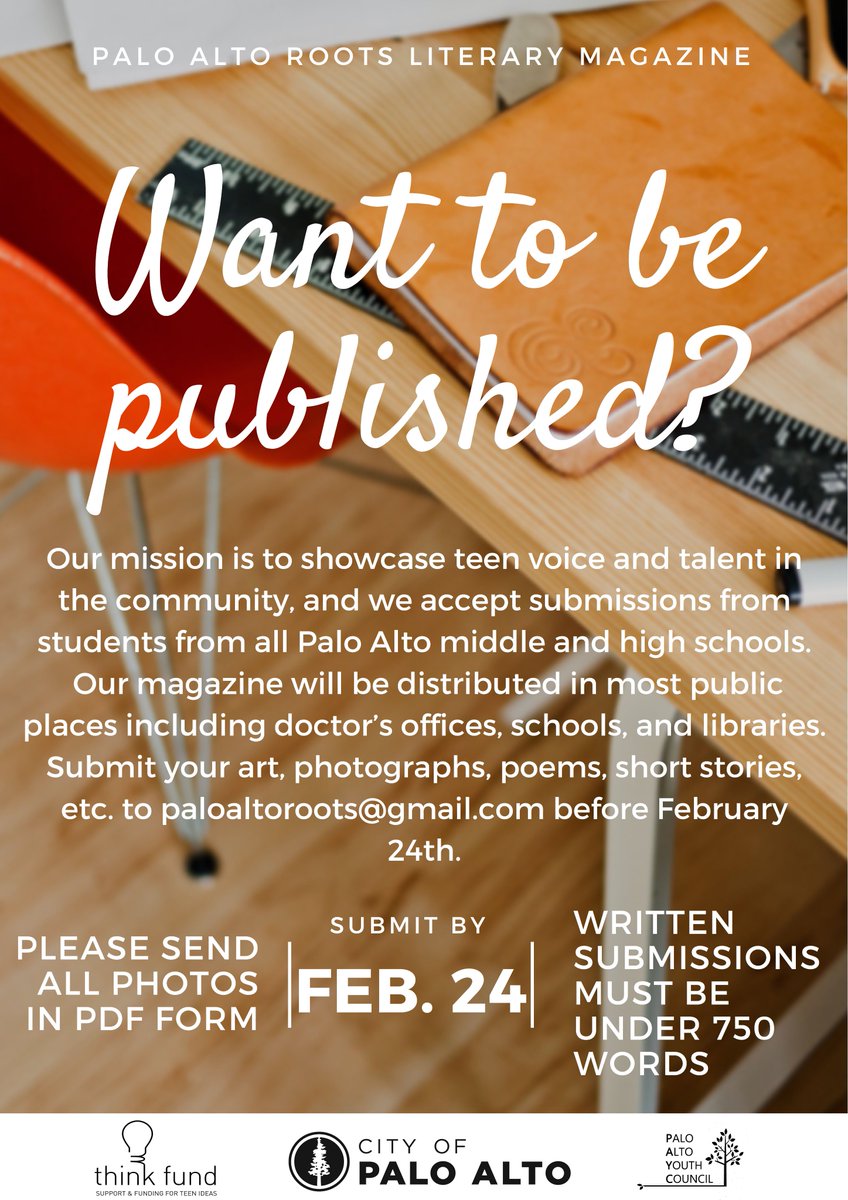 thinkfundPA's tweet photo. Think Funded, PA Roots is now accepting submissions for their teen literary magazine! #PARoots #ThinkFundPA #PaloAlto #Teens https://t.co/SRTEgtQ8WO