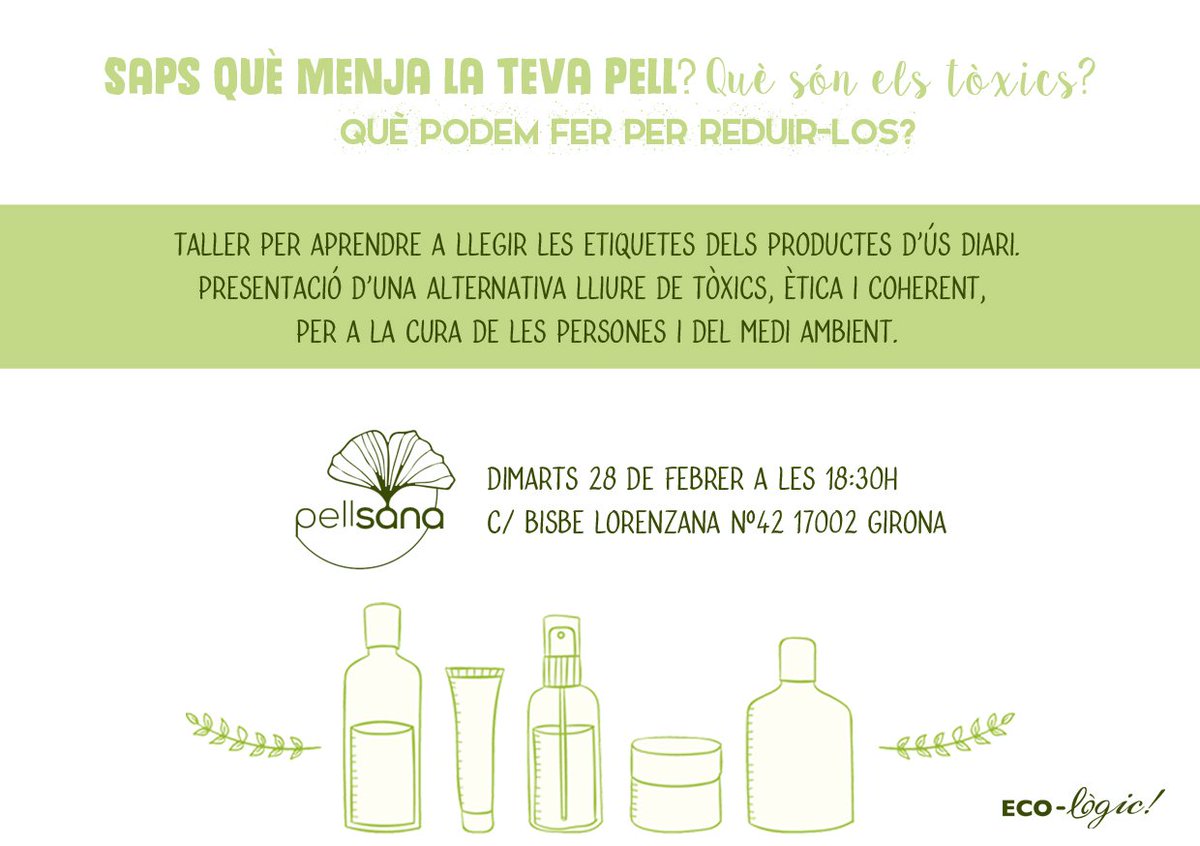 Ecollogic's tweet photo. El pròxim 28 de febrer a l'#ECOlogic, vine al taller-xerrada: "Saps què menja la teva pell?" Reserva la teva plaça :) #toxics #mediambient https://t.co/7aVWcqNUgb