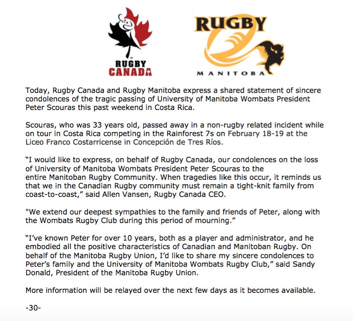 RugbyCanada's tweet photo. Incredibly sad to hear news of the passing of @wombatrugby President Peter Scouras in non-rugby related accident while on tour in Costa Rica https://t.co/vq7YdCJWar