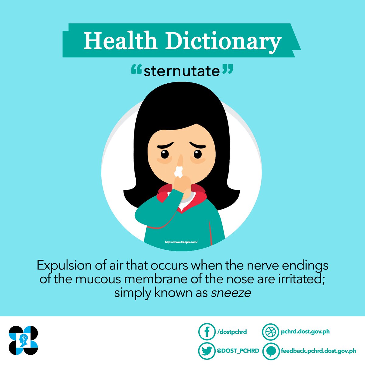 DOST_PCHRD's tweet photo. Our #healthdictionary for today is "sternutate," also known as sneeze. #How2Use: Cover your nose please and stop sternutating! #plsRT https://t.co/xCw6A3Rv0N