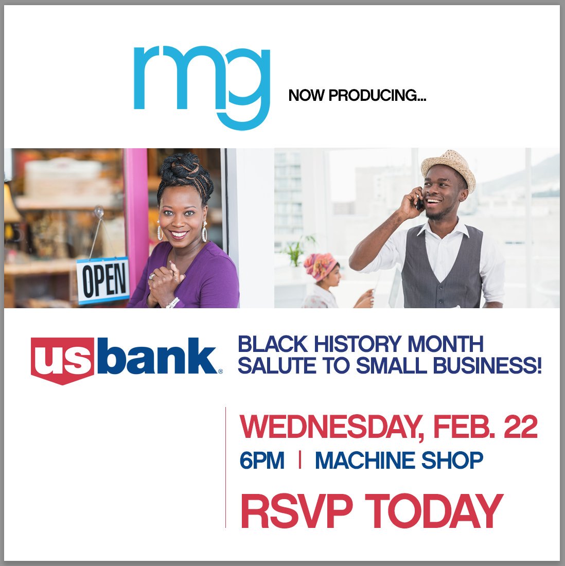 rmgcorp's tweet image. RMG #NowProducing @USBANK #BLACKHISTORYMONTH SALUTE TO #SMALLBUSINESS Tomorrow 6-9p
usbankblackhistorymonth.eventbrite.com RSVP NOW