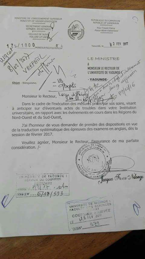 i_drsea's tweet photo. U deny Anglophone Problem yet it takes a ministerial order to translate university exams in English @Bwithbs #protestify #Cameroon @ajplus https://t.co/QWz77ufhH6