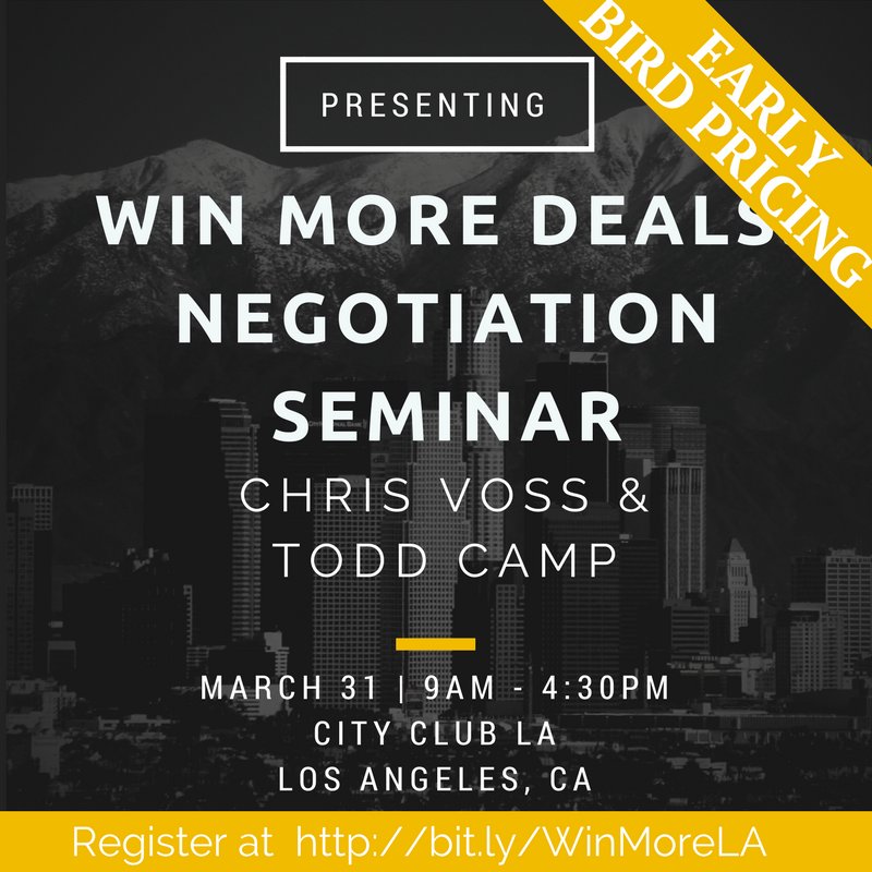 BlackSwanGrp's tweet photo. Join @VossNegotiation and @startwithno for the next Win More Deals seminar in LA! Register at https://t.co/RE5h1lQHv5  #sales #negotiation https://t.co/mb3Kg2pB3b
